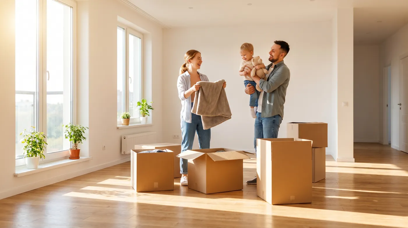 Familie packt im neuen Zuhause aus
